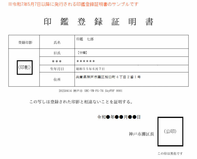 印鑑登録証明書（サンプル）