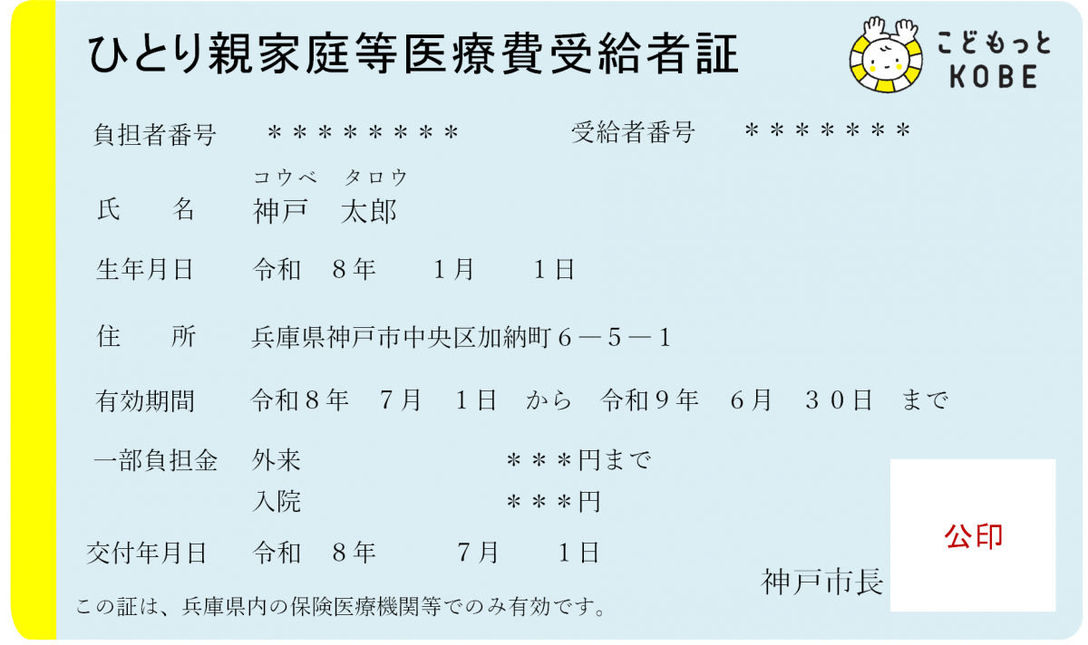 ひとり親家庭等医療費受給者証のサンプル
